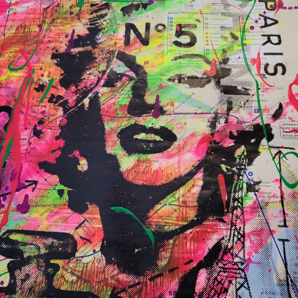 💋 Handpainted  Marilyn Monroe Chanel Acrylic Art Painting on NYC Subway Map - Picture 4 of 7
